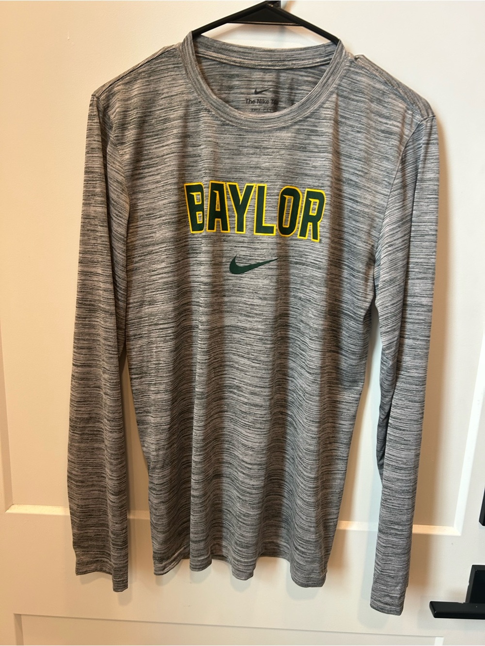 Nike Grey Baylor Long Sleeve Performance Tee with Green & Yellow Logo